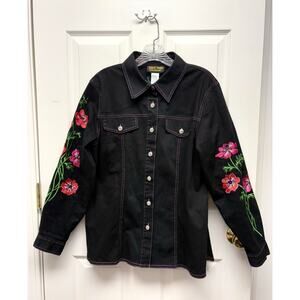 Bob Mackie Wearable Art Black Embroidered Denim Jacket Floral Statement Size S
